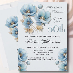Wasserfarbe Elegant Blue Gold Floral 50. Geburtsta Einladung