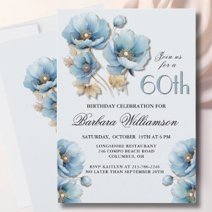 Wasserfarbe Elegant Blue Gold Floral 60. Geburtsta Einladung