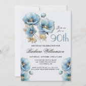 Wasserfarbe Elegant Blue Gold Floral 90. Geburtsta Einladung (Vorderseite)