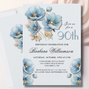 Wasserfarbe Elegant Blue Gold Floral 90. Geburtsta Einladung