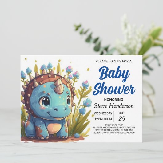 Wasserfarbe Elegant Editable Dinosaur Babydusche Einladung (Stehend Vorderseite)