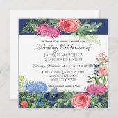 Wasserfarbe Elegant Navy Blue n Pink Fern Floral Einladung (Vorne/Hinten)