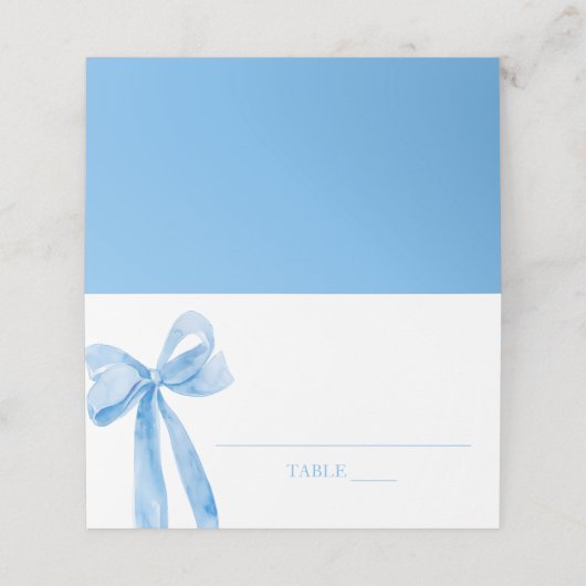 Wasserfarbe Elegante Coquette Blue Bow Platzkarte (Außenseite Aufgefaltet)