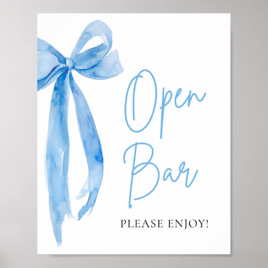 Wasserfarbe Elegante Dusty Blue Bow Open Bar Sign Poster (Vorne)