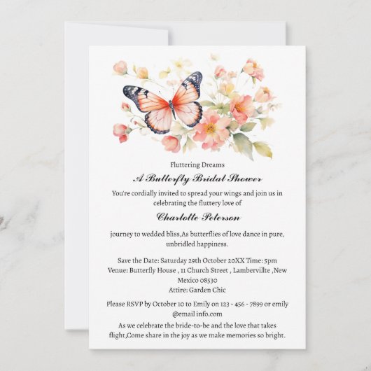 Wasserfarbe Elegante Garden Butterfly Brautparty Einladung (Vorderseite)