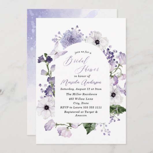 Wasserfarbe Elegante Lilac Blume Brautparty Einladung (Vorne/Hinten)