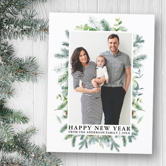 Wasserfarbe Elegante Pine Frame Happy New Year Fot Postkarte