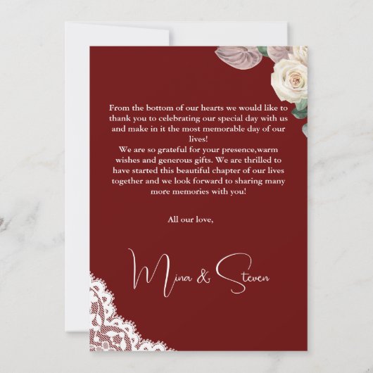 Wasserfarbe Elegante Rote Hochzeit Danke Karte (Rückseite)