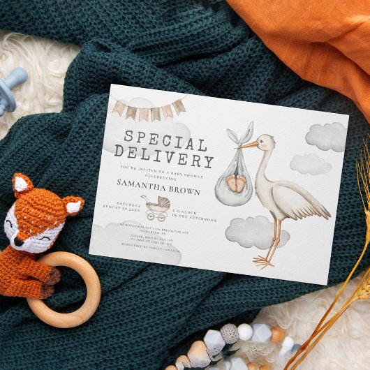 Wasserfarbe Elegante Stork Baby Dusche Einladung