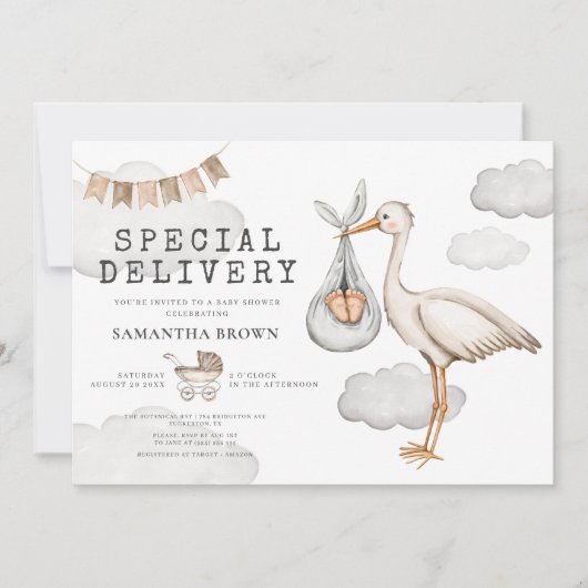 Wasserfarbe Elegante Stork Baby Dusche Einladung (Vorderseite)