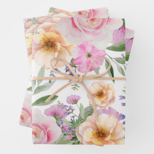 Wasserfarbe Elegante Vintage Rose und Wildblumen Geschenkpapier Set