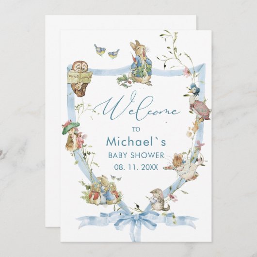 Wasserfarbe Elegante Wildblume Peter Rabbit Baby Einladung (Vorne/Hinten)