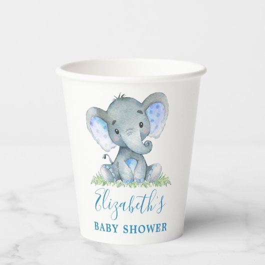 Wasserfarbe Elephant Baby Dusche Blau Pappbecher (Vorderseite)