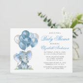 Wasserfarbe Elephant Bow Balloons Baby Dusche Blau Einladung (Stehend Vorderseite)