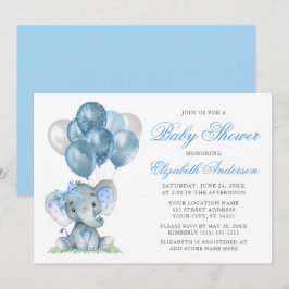 Wasserfarbe Elephant Bow Balloons Baby Dusche Blau Einladung