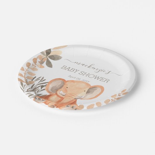 Wasserfarbe Elephant Safari Babydusche Pappteller (Schrägansicht)