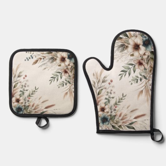 Wasserfarbe Elfenbeinblume Blumen Ofenhandschuh & Topflappen-Set (Vorderseite)