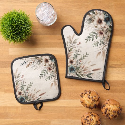 Wasserfarbe Elfenbeinblume Blumen Ofenhandschuh & Topflappen-Set (Oben Unten)