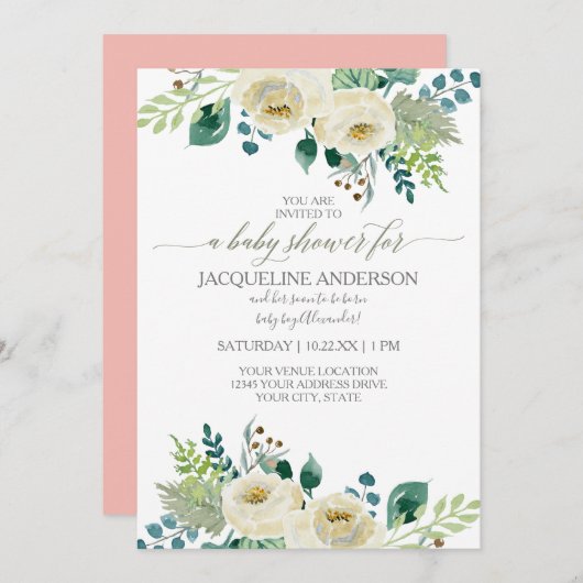 Wasserfarbe Elfenbeinblume Rose Leaf Baby Girl Dus Einladung (Vorne/Hinten)