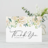 Wasserfarbe Elfenbeinpeony und Rose Blumenhochzeit Dankeskarte (Stehend Vorderseite)