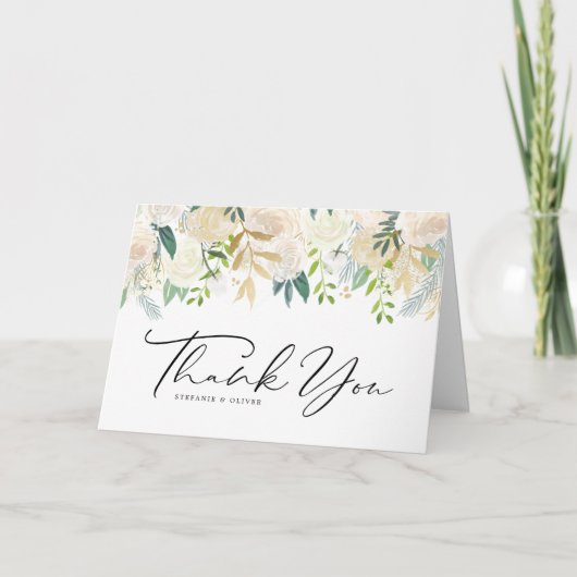 Wasserfarbe Elfenbeinpeony und Rose Blumenhochzeit Dankeskarte (Vorderseite)