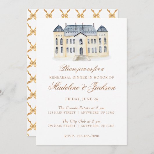 Wasserfarbe Englisch Mantel Anwesen Probe Abendess Einladung (Vorne/Hinten)