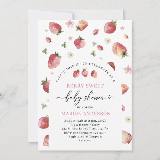 Wasserfarbe Erdbeere Babydusche Einladung (Vorderseite)