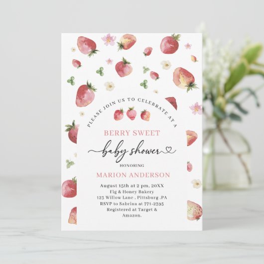 Wasserfarbe Erdbeere Babydusche Einladung (Stehend Vorderseite)