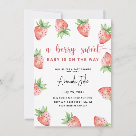 Wasserfarbe Erdbeere Babydusche Einladung (Vorderseite)