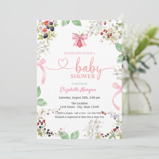 Wasserfarbe Erdbeere Bow Raspberry Baby Dusche Einladung (Stehend Vorderseite)