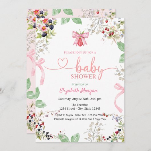 Wasserfarbe Erdbeere Bow Raspberry Baby Dusche Einladung (Vorne/Hinten)