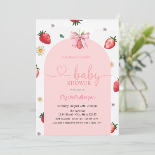 Wasserfarbe Erdbeere Bow Red Kariert Baby Dusche Einladung (Stehend Vorderseite)