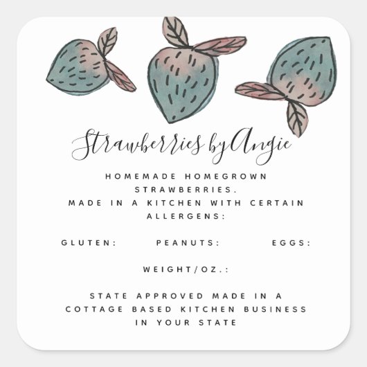Wasserfarbe Erdbeere Doodle Pink Blue Business Quadratischer Aufkleber (Vorderseite)
