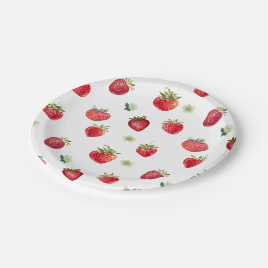 Wasserfarbe Erdbeeren Blume Obst und Erdbeeren Pappteller (Schrägansicht)
