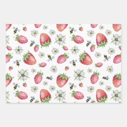 Wasserfarbe Erdbeeren Früchte, Bienen und Blume Geschenkpapier Set (Vorderseite)
