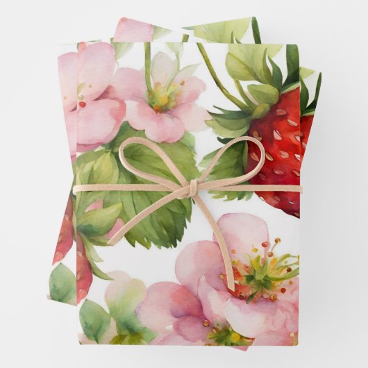 Wasserfarbe Erdbeeren Früchte und rosa Blume Geschenkpapier Set (Beispiel)