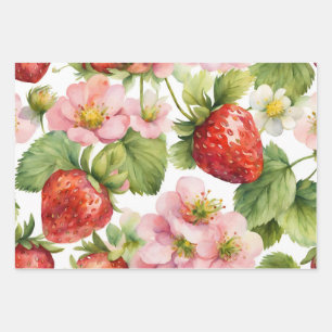 Wasserfarbe Erdbeeren Früchte und rosa Blume Geschenkpapier Set