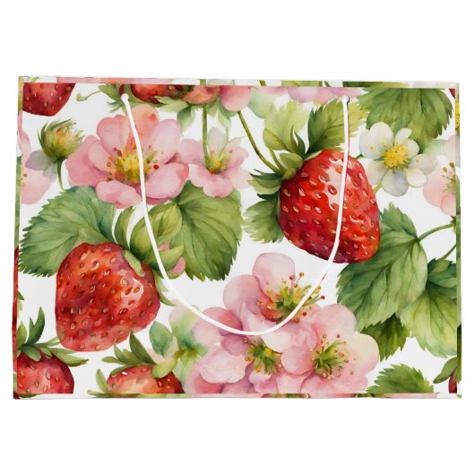 Wasserfarbe Erdbeeren Früchte und rosa Blume Große Geschenktüte (Rückseite)