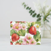 Wasserfarbe Erdbeeren Früchte und rosa Blume Postkarte (Stehend Vorderseite)