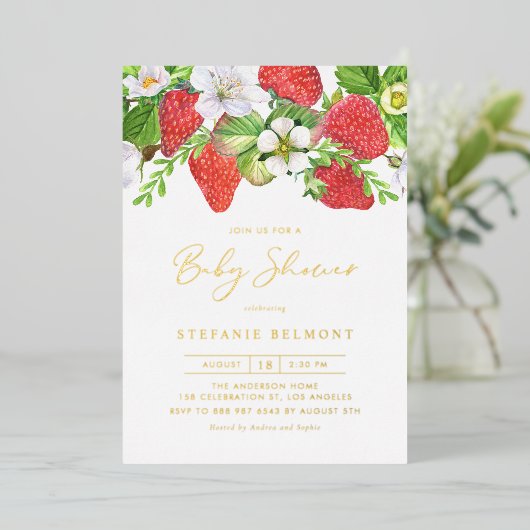 Wasserfarbe Erdbeeren Sommerdusche Folieneinladung (Stehend vorne)