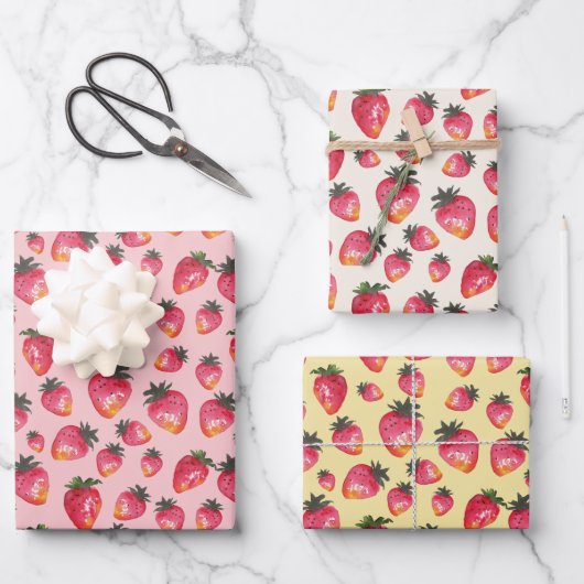 Wasserfarbe Erdbeermuster handgemalt Boho Geschenkpapier Set (Vorderseite)