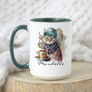 Wasserfarbe Ernsthafte türkische Katze trinken Kaf Tasse