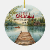 Wasserfarbe Erste Weihnachten im Lake House Keramik Ornament (Hinten)