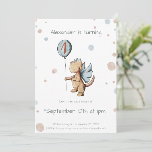 Wasserfarbe Erstgeburt Drache mit Ballon Einladung (Stehend Vorderseite)