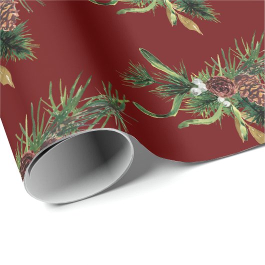 Wasserfarbe Evergreen Branch auf Cranberry Red Geschenkpapier (Rolleneckpunkt)