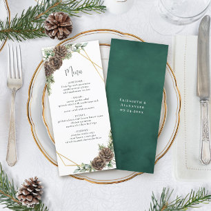 Wasserfarbe Evergreen Pine Cone Winterhochzeit Menükarte