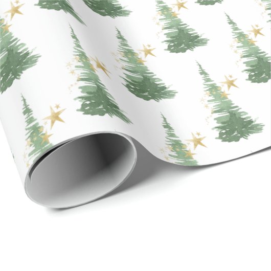 Wasserfarbe Evergreen Tree mit Goldstars Geschenkpapier (Rolleneckpunkt)