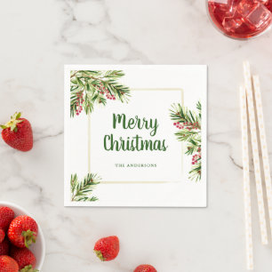Wasserfarbe Evergreen und Berries Weihnachten Napk Serviette