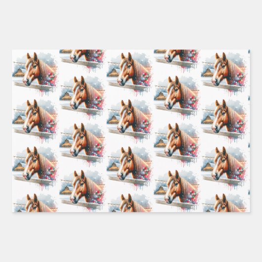 Wasserfarbe Feste Pferde Weihnachten Geschenkpapier Set (Vorderseite 2)