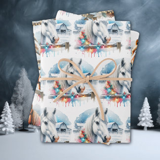 Wasserfarbe Feste Pferde Weihnachten Geschenkpapier Set